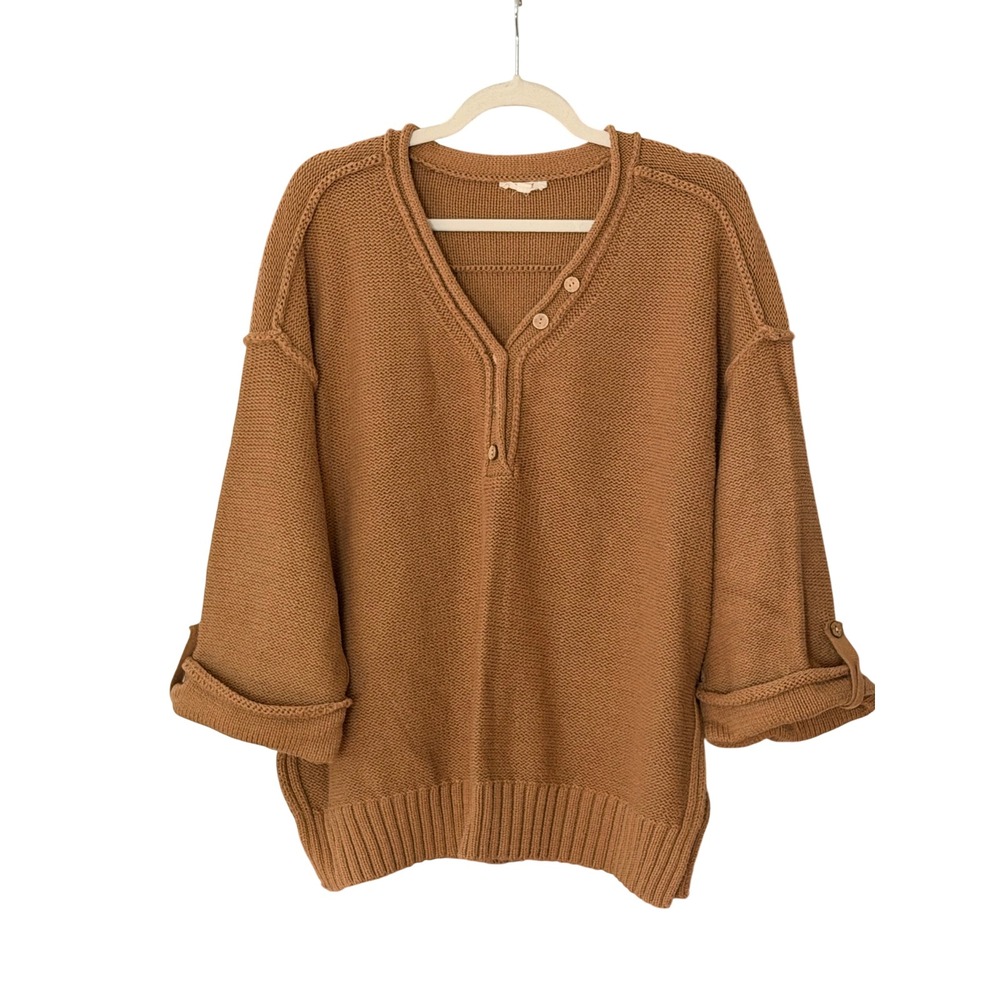 ODDI Women's 1XL/2XL Camel Brown Chunky Knit Henley Sweater | SKU 1255